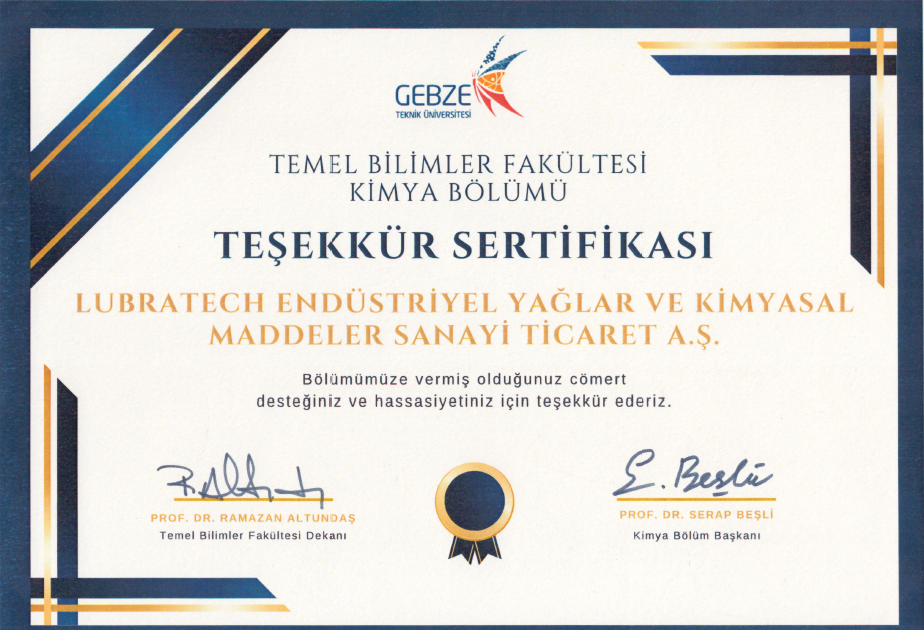 GEBZE TEKNİK ÜNİVERSİTESİ TEŞEKKÜR SERTİFİKASI