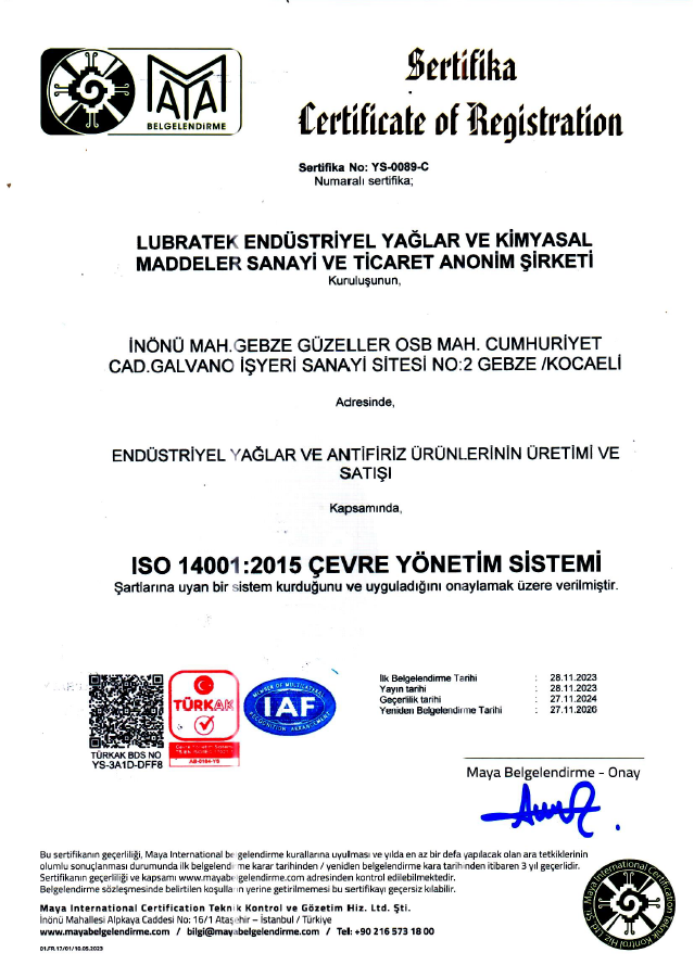 ISO 14001 ÇEVRE YÖNETİM SERTİFİKASI