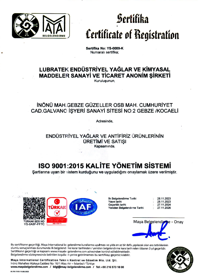 ISO 9001 KALİTE YÖNETİM SERTİFİKASI